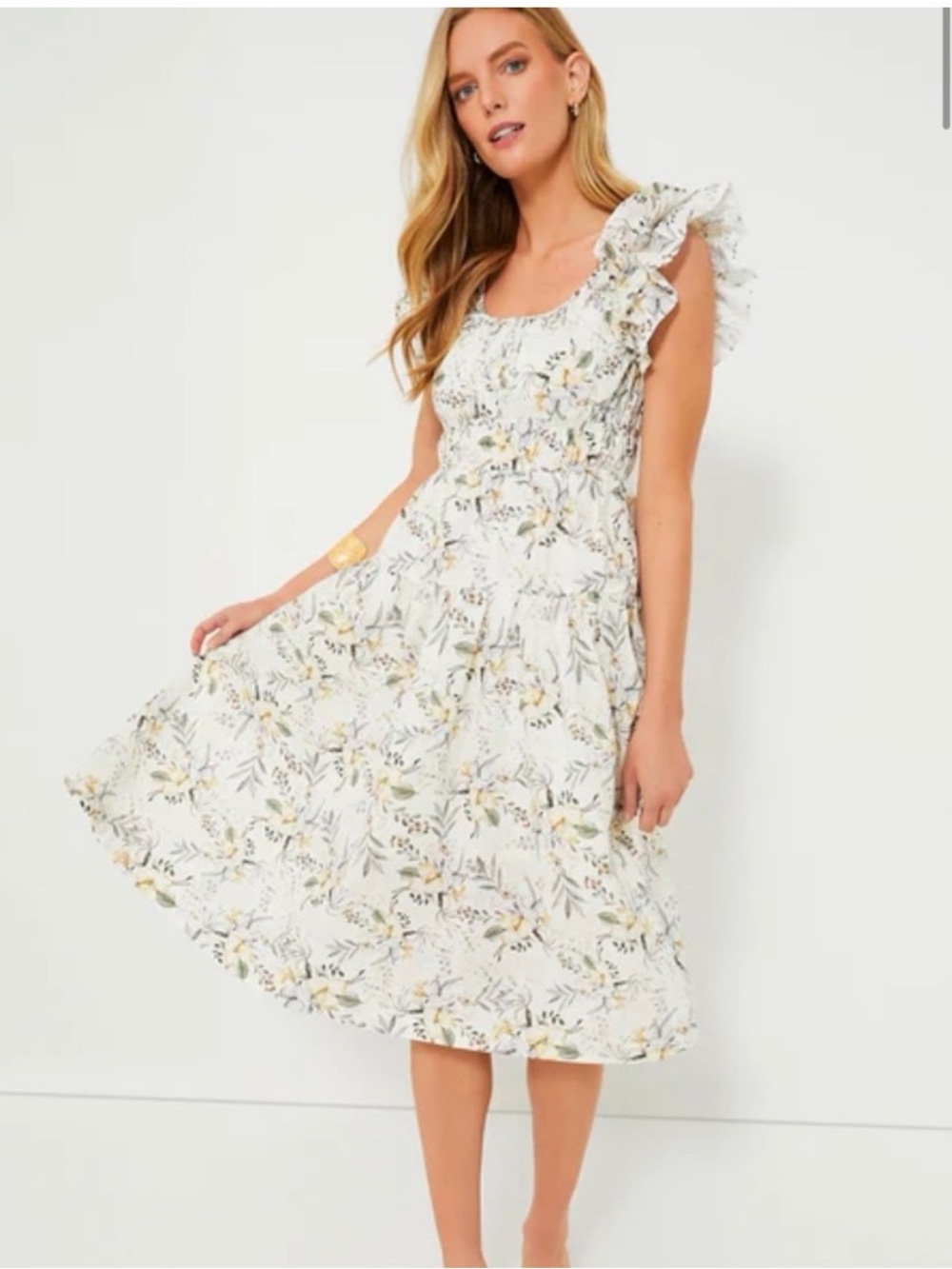 en saison mindy cream floral print ruffle trim midi spring summer dress small